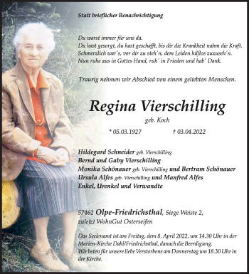 Traueranzeige von Regina Vierschilling von Siegener Zeitung