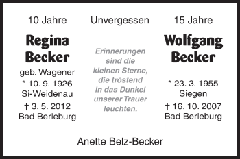 Traueranzeige von Regina und Wolfgang Becker von Siegener Zeitung