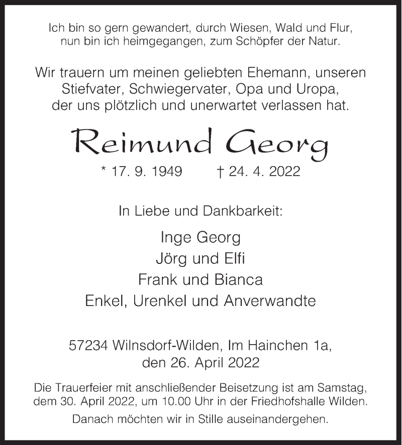  Traueranzeige für Reimund Georg vom 26.04.2022 aus Siegener Zeitung