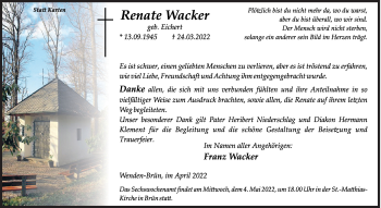 Traueranzeige von Renate Wacker von Siegener Zeitung