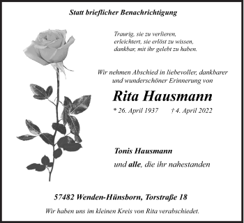 Traueranzeige von Rita Hausmann von Siegener Zeitung