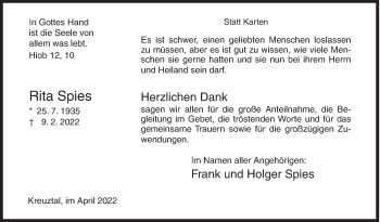 Traueranzeige von Rita Spies von Siegener Zeitung