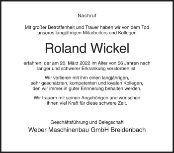 Traueranzeige von Roland Wickel von Siegener Zeitung