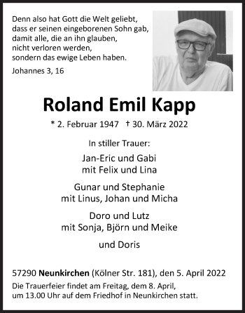 Traueranzeige von Roland Emil Kapp von Siegener Zeitung