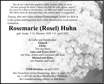 Traueranzeige von Rosemarie  Huhn von Siegener Zeitung
