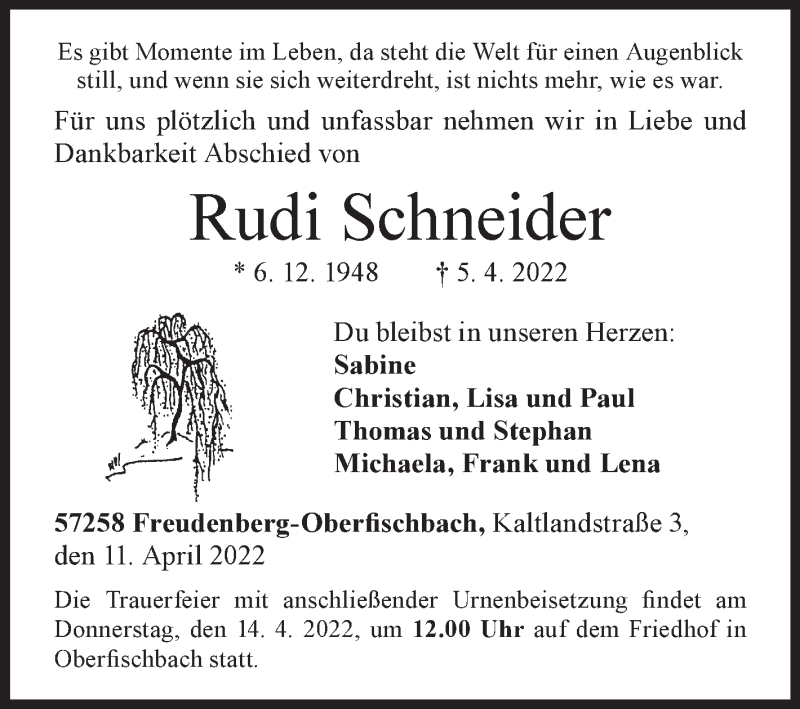  Traueranzeige für Rudi Schneider vom 11.04.2022 aus Siegener Zeitung