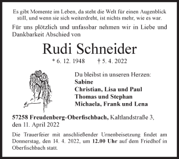 Traueranzeige von Rudi Schneider von Siegener Zeitung