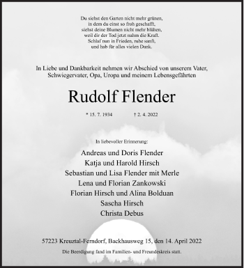 Traueranzeige von Rudolf Flender von Siegener Zeitung