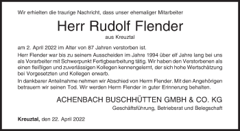 Traueranzeige von Rudolf Flender von Siegener Zeitung