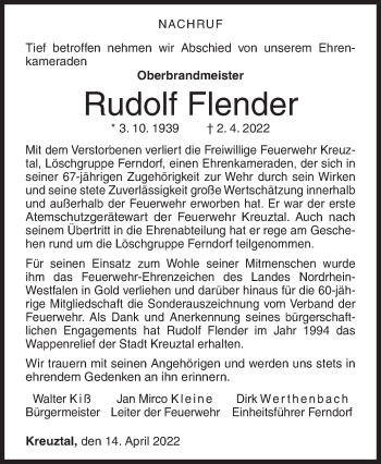 Traueranzeige von Rudolf Flender von Siegener Zeitung