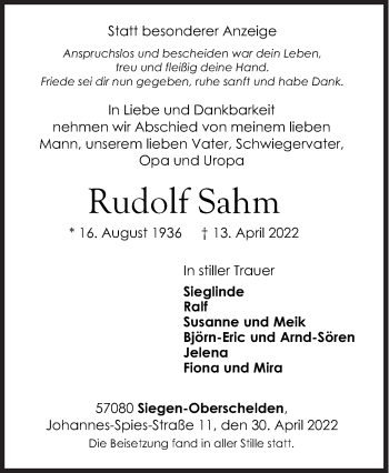 Traueranzeige von Rudolf Sahm von Siegener Zeitung