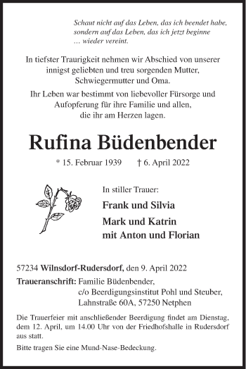 Traueranzeige von Rufina Büdenbender von Siegener Zeitung