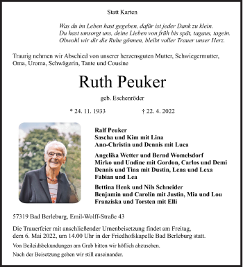 Traueranzeige von Ruth Peuker von Siegener Zeitung