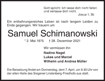 Traueranzeige von Samuel Schimanowski von Siegener Zeitung