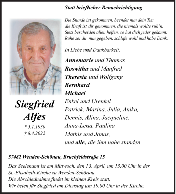Traueranzeige von Siegfried Alfes von Siegener Zeitung
