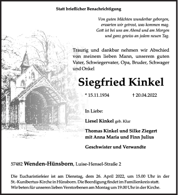 Traueranzeige von Siegfried Kinkel von Siegener Zeitung