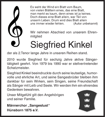 Traueranzeige von Siegfried Kinkel von Siegener Zeitung