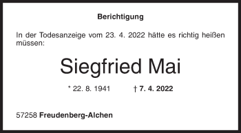 Traueranzeige von Siegfried Mai von Siegener Zeitung