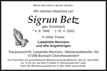 Traueranzeige von Sigrun Betz von Siegener Zeitung