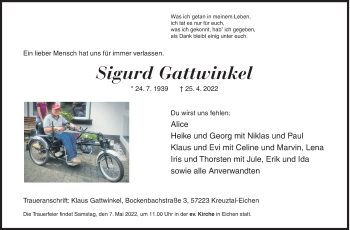 Traueranzeige von Sigurd Gattwinkel von Siegener Zeitung