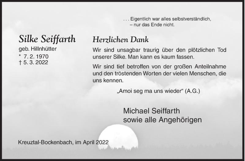  Traueranzeige für Silke Seiffarth vom 07.04.2022 aus Siegener Zeitung