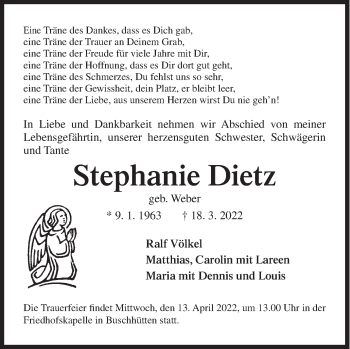 Traueranzeige von Stephanie Dietz von Siegener Zeitung