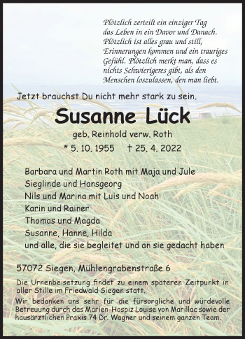 Traueranzeige von Susanne Lück von Siegener Zeitung