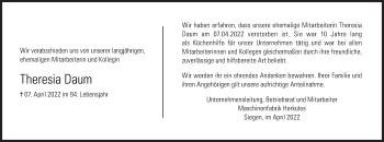 Traueranzeige von Theresia Daum von Siegener Zeitung