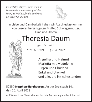 Traueranzeige von Theresia Daum von Siegener Zeitung