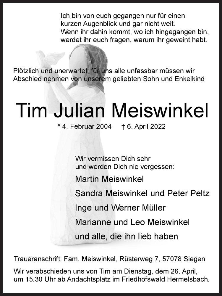  Traueranzeige für Tim Julian Meiswinkel vom 22.04.2022 aus Siegener Zeitung