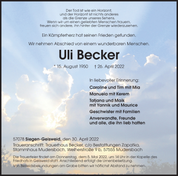Traueranzeige von Uli Becker von Siegener Zeitung