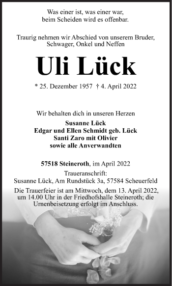 Traueranzeige von Uli Lück von Siegener Zeitung