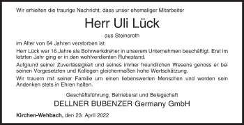 Traueranzeige von Uli Lück von Siegener Zeitung