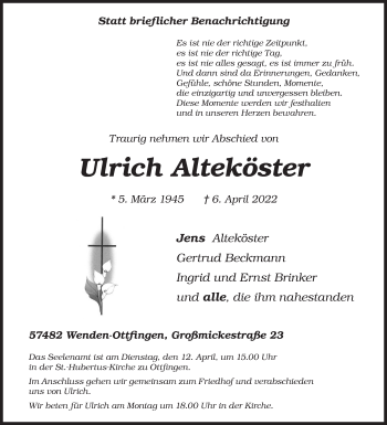 Traueranzeige von Ulrich Alteköster von Siegener Zeitung