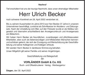 Traueranzeige von Ulrich Becker von Siegener Zeitung