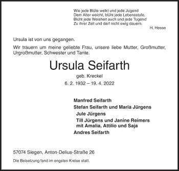 Traueranzeige von Ursula Seifarth von Siegener Zeitung