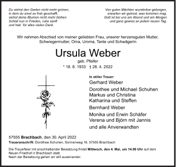 Traueranzeige von Ursula Weber von Siegener Zeitung
