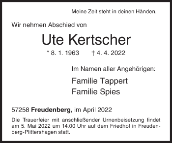 Traueranzeige von Ute Kertscher von Siegener Zeitung