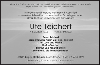 Traueranzeige von Ute Teichert von Siegener Zeitung