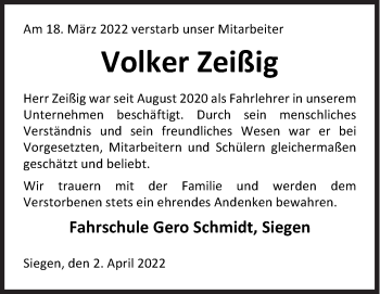 Traueranzeige von Volker Zeißig von Siegener Zeitung