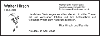 Traueranzeige von Walter Hirsch von Siegener Zeitung
