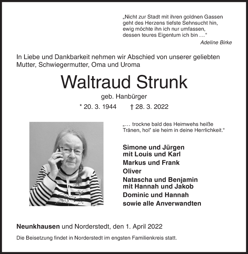  Traueranzeige für Waltraud Strunk vom 01.04.2022 aus Siegener Zeitung