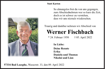 Traueranzeige von Werner Fischbach von Siegener Zeitung