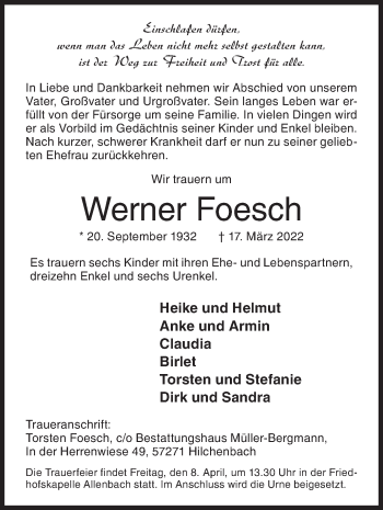 Traueranzeige von Werner Foesch von Siegener Zeitung