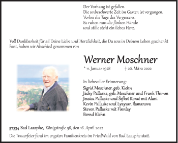 Traueranzeige von Werner Moschner von Siegener Zeitung