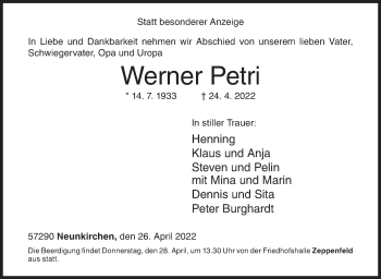 Traueranzeige von Werner Petri von Siegener Zeitung