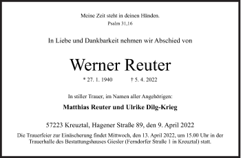 Traueranzeige von Werner Reuter von Siegener Zeitung
