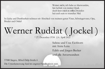 Traueranzeige von Werner Ruddat von Siegener Zeitung