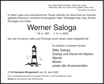 Traueranzeige von Werner Saloga von Siegener Zeitung