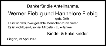 Traueranzeige von Werner und Hannelore Fiebig von Siegener Zeitung